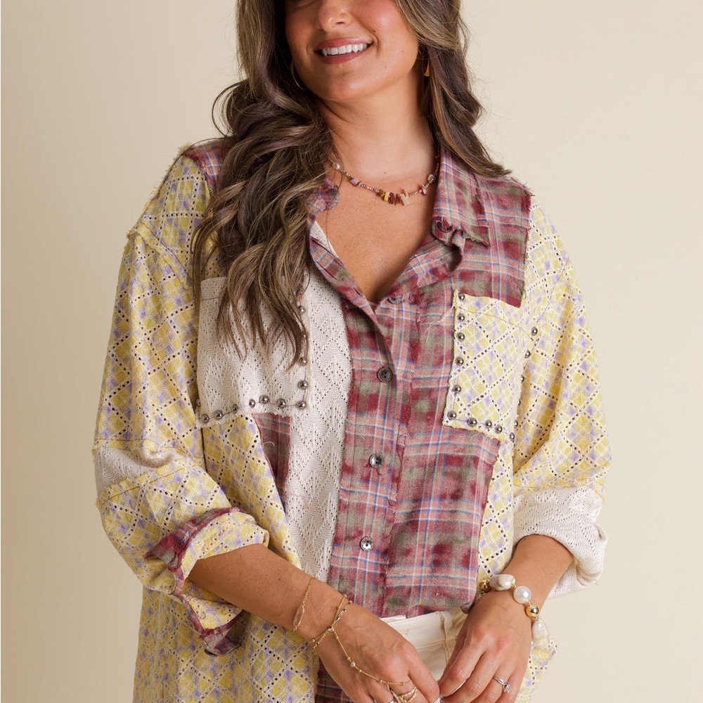 Pol Mixed Media Patchwork Button Down Shirt | Ove… - image 4